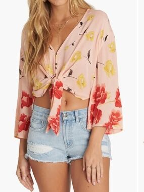 Billabong Peach Floral Tie-Front Bell Sleeve Top NWT
